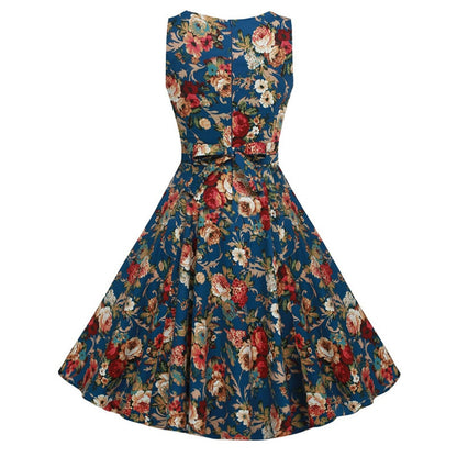 vestido retrô azul floral regata midi