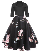 Vestido Pin Up Retro Preto Saia Floral Godê 