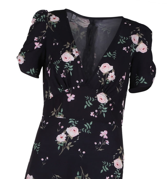 Vestido Curto Preto Floral Manga Curta