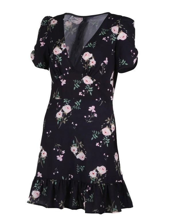 Vestido Curto Preto Floral Manga Curta