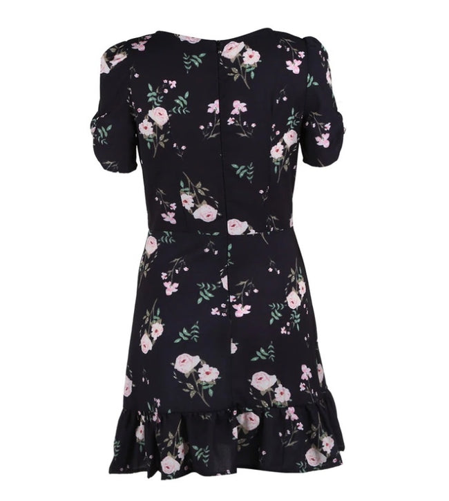 Vestido Curto Preto Floral Manga Curta