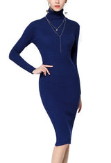 Vestido Tricot Gola Alta Midi azul marinho manga longa inverno 2020