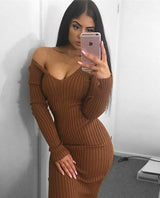 Vestido Tricot Tubinho Midi manga longa ombro a ombro
