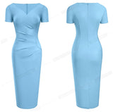 Vestido Office Tubinho Manga Curta Decote V azul claro coquetel