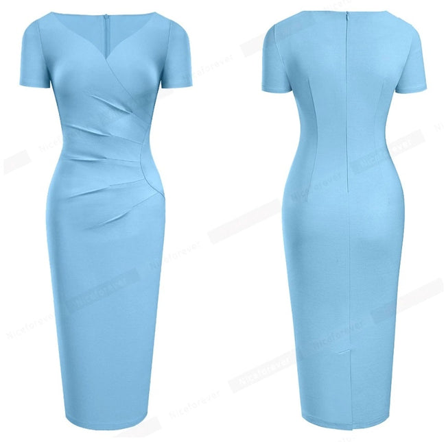 Vestido Office Tubinho Manga Curta Decote V azul claro coquetel