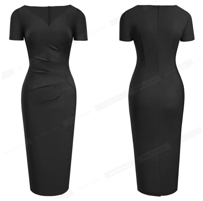 Vestido Office Tubinho Manga Curta Decote V preto