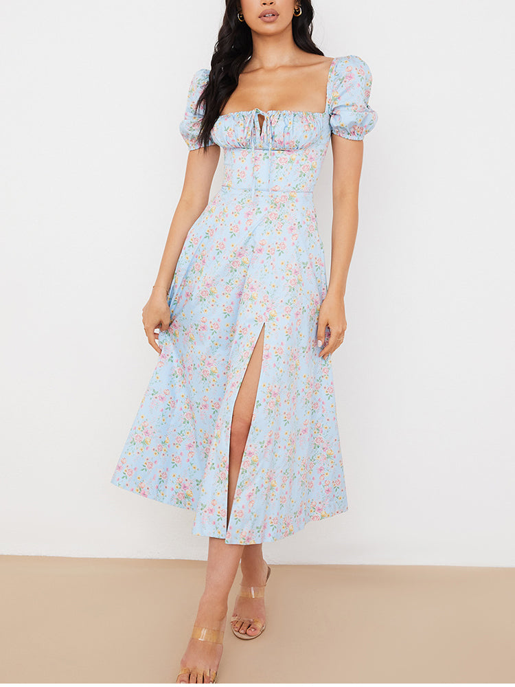 Vestido Floral Midi Romance Decotado Manga Curta Princesa