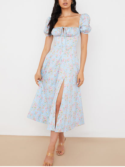 Vestido Floral Midi Romance Decotado Manga Curta Princesa