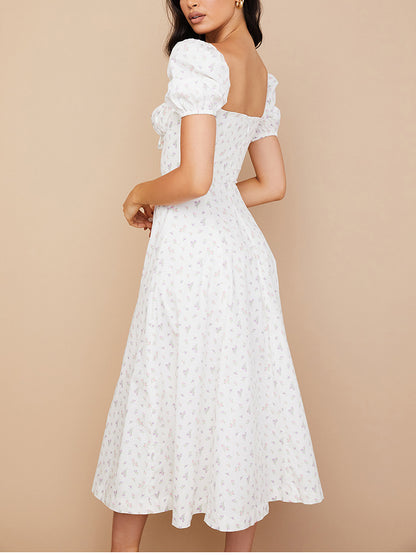 Vestido Floral Midi Romance Decotado Manga Curta Princesa