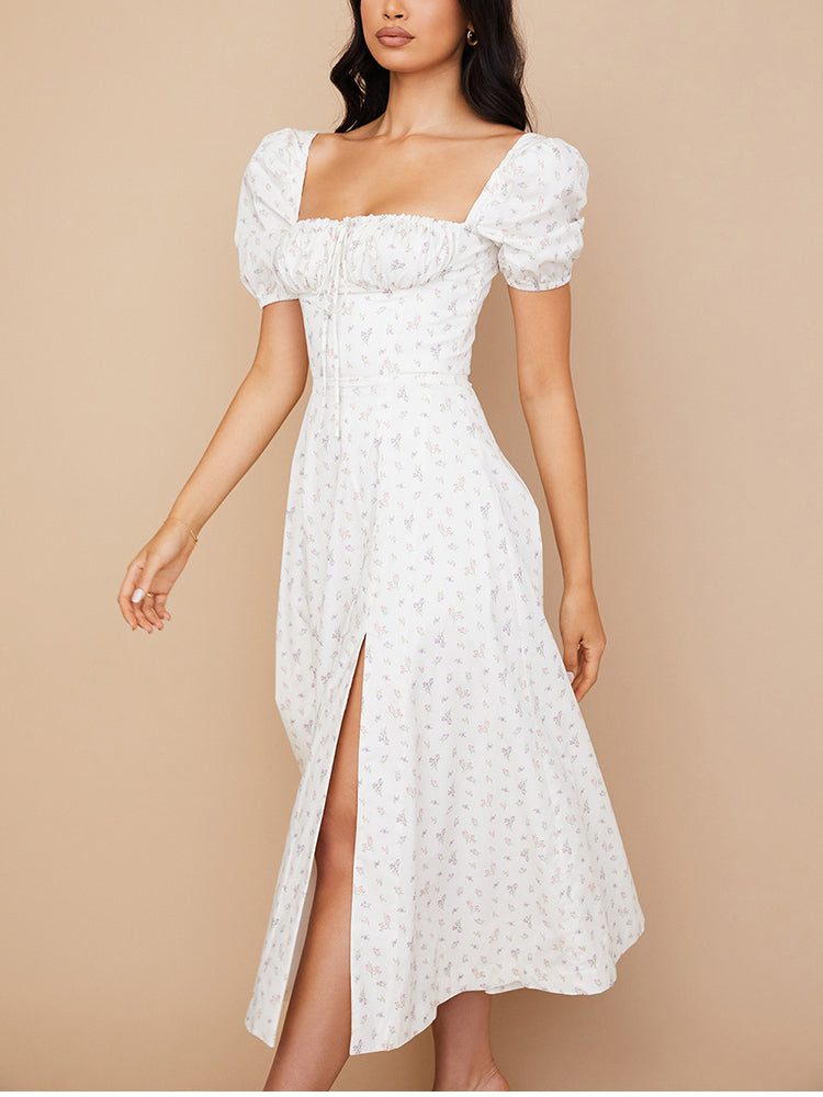 Vestido Floral Midi Romance Decotado Manga Curta Princesa