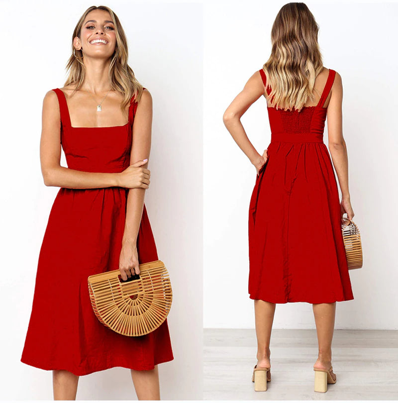 Vestido Retrô Midi Verão acinturado vermelho